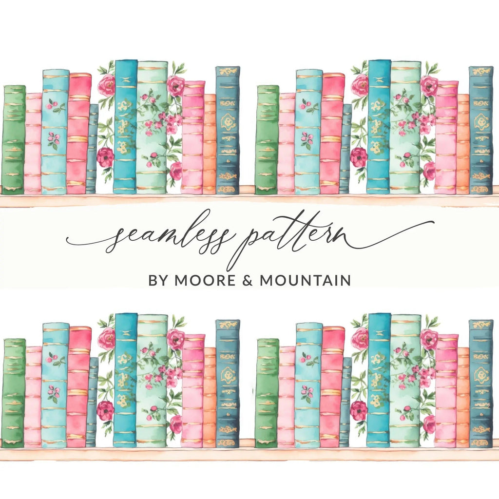 Bookshelf Digital Paper, Floral Book Digital Download, Seamless Book Pattern, Library Decor Digital, Scrapbook Paper, Book Lover Gift - Moore and Mountain