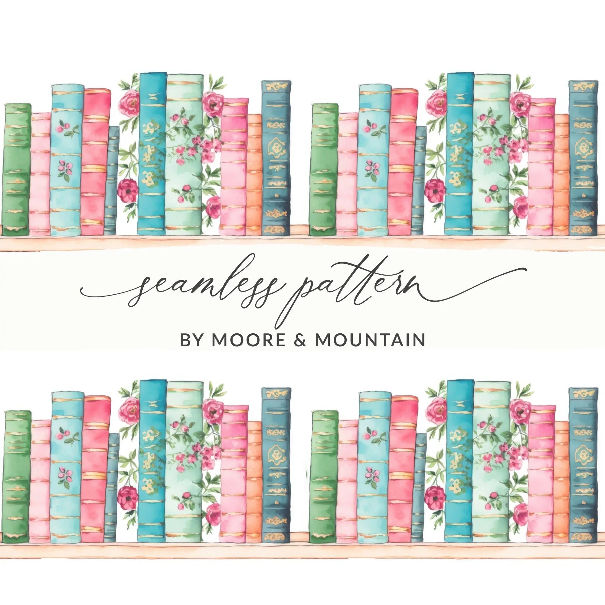 Bookshelf Digital Paper, Floral Book Digital Download, Seamless Book Pattern, Library Decor Digital, Scrapbook Paper, Book Lover Gift - Moore and Mountain