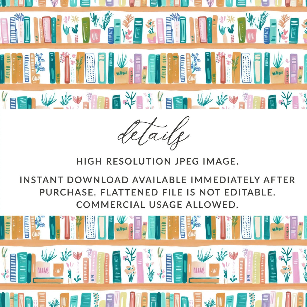 Bookshelf Digital Paper, Seamless Books Pattern JPEG, Library Books Printable, Commercial Use, Print on Demand, Digital Download - Moore and Mountain