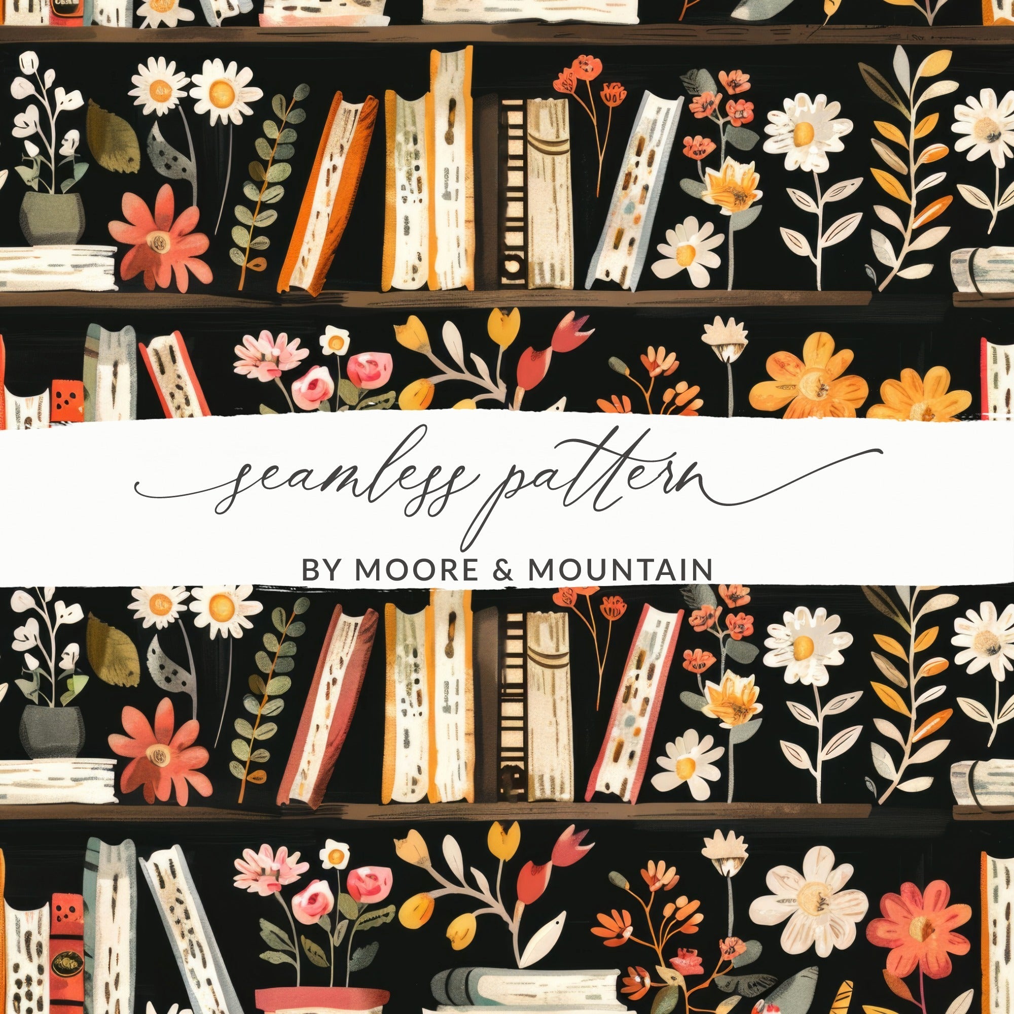 Bookshelf Floral Digital Paper, Seamless Pattern Design, Flower Bookcase Print, Repeat Pattern, Digital Background, Scrapbook Paper - Moore and Mountain