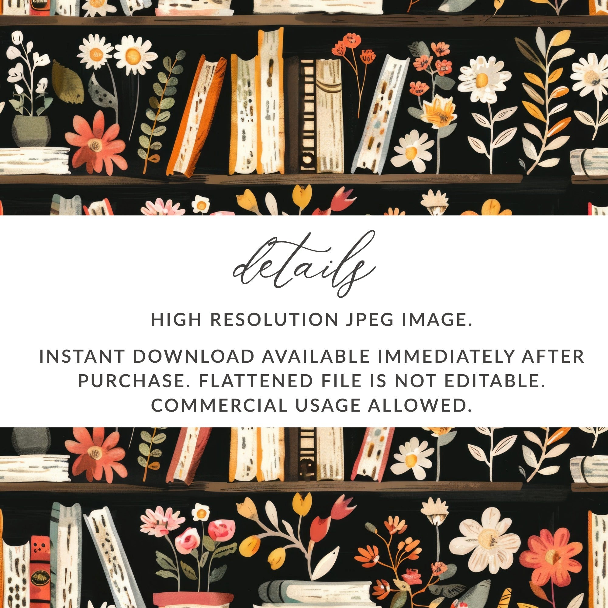 Bookshelf Floral Digital Paper, Seamless Pattern Design, Flower Bookcase Print, Repeat Pattern, Digital Background, Scrapbook Paper - Moore and Mountain