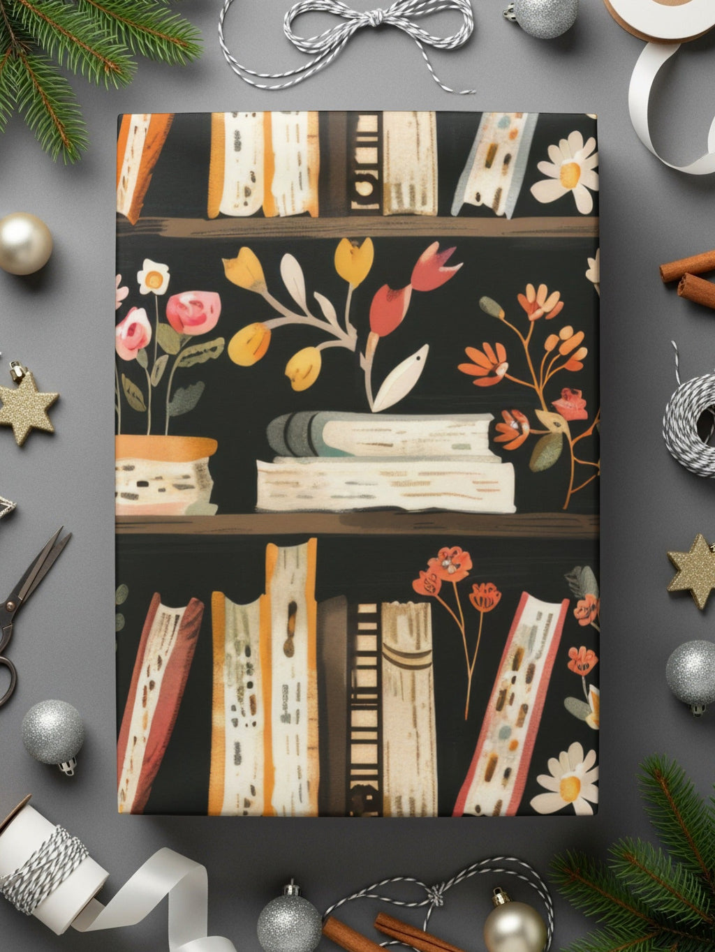 Bookshelf Floral Digital Paper, Seamless Pattern Design, Flower Bookcase Print, Repeat Pattern, Digital Background, Scrapbook Paper - Moore and Mountain