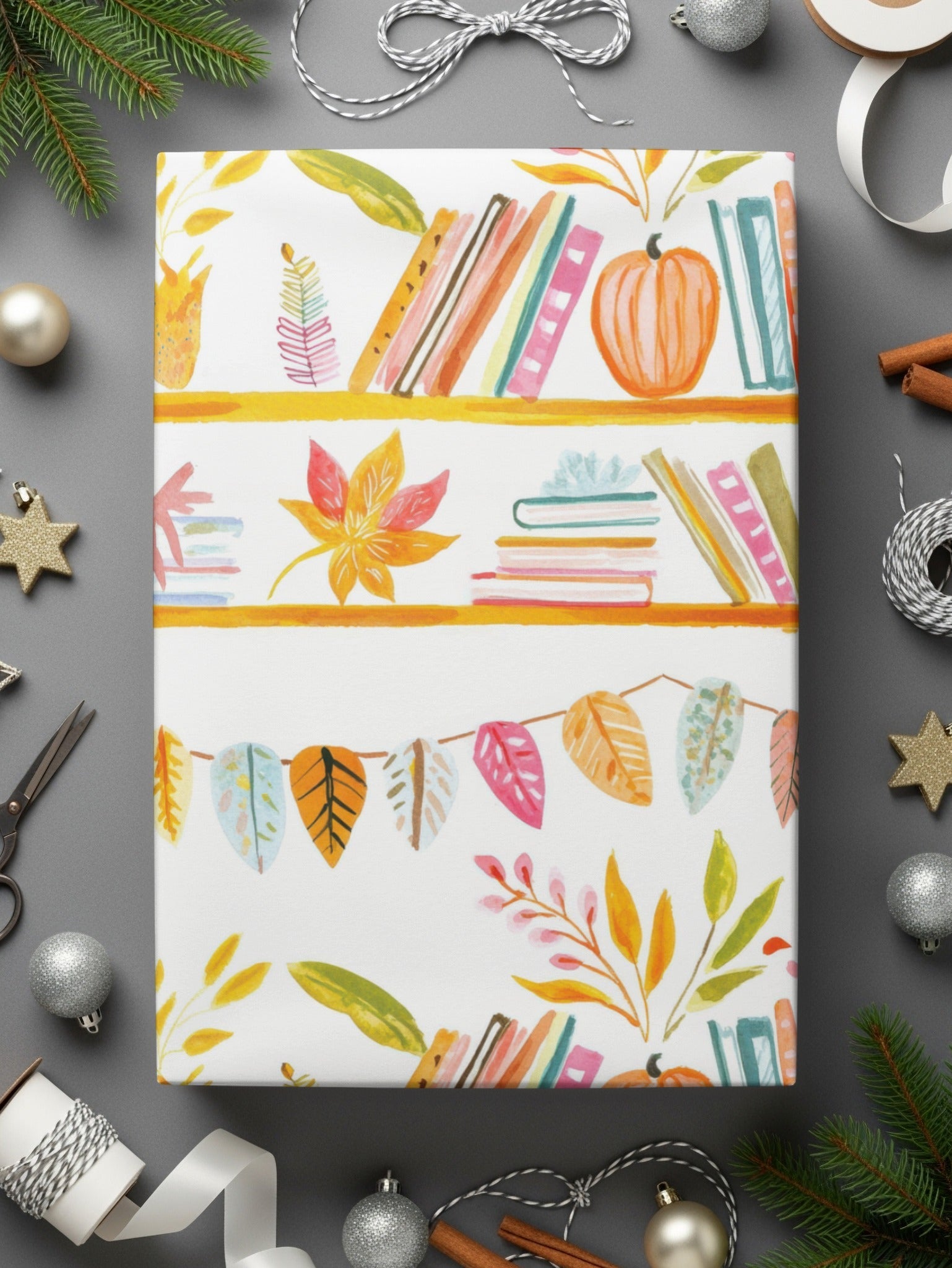 Bookshelf Seamless Pattern, Fall Digital Paper, Watercolor Books, Autumn Leaves, Reading Lover, Scrapbook Paper, Planner Printable - Moore and Mountain