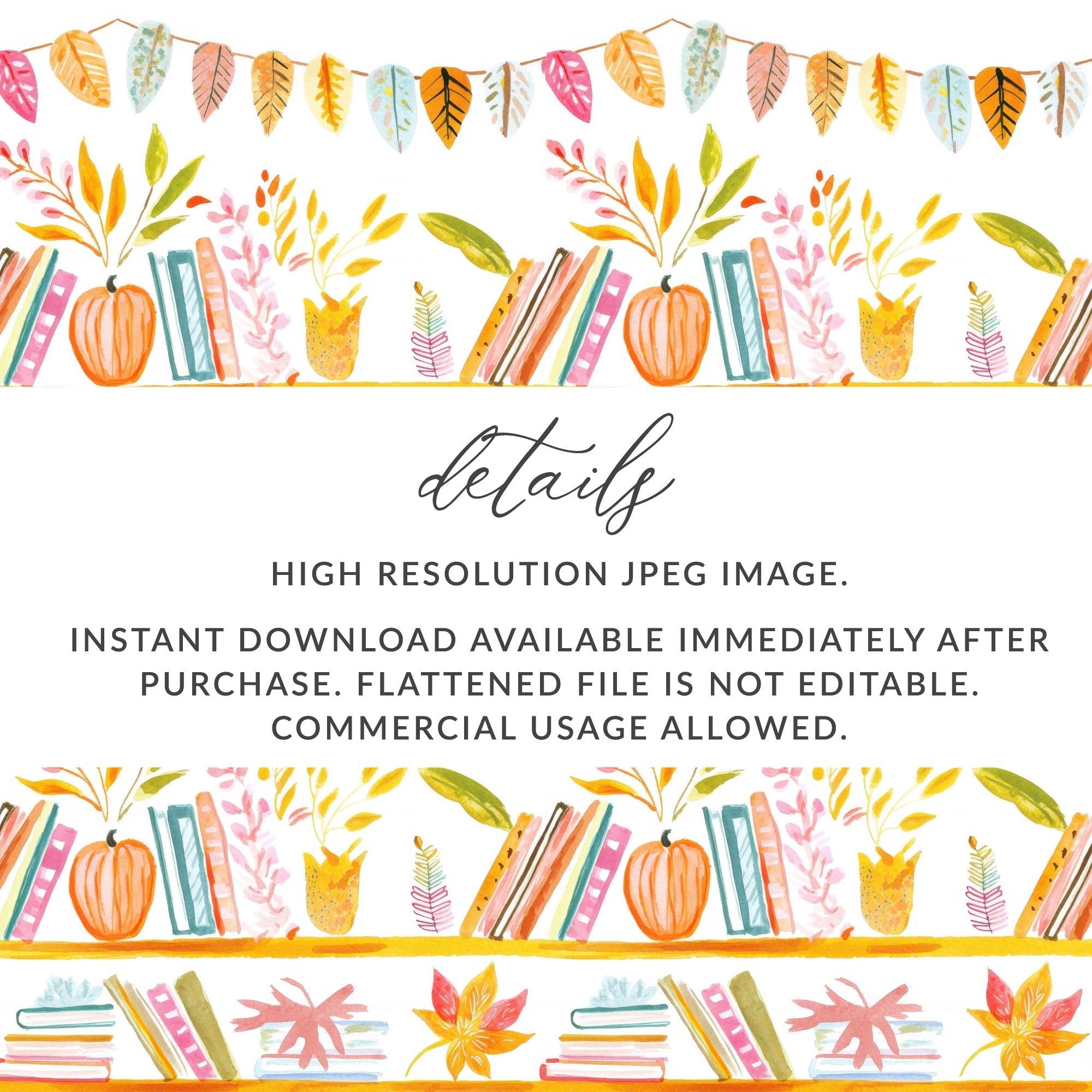 Bookshelf Seamless Pattern, Fall Digital Paper, Watercolor Books, Autumn Leaves, Reading Lover, Scrapbook Paper, Planner Printable - Moore and Mountain