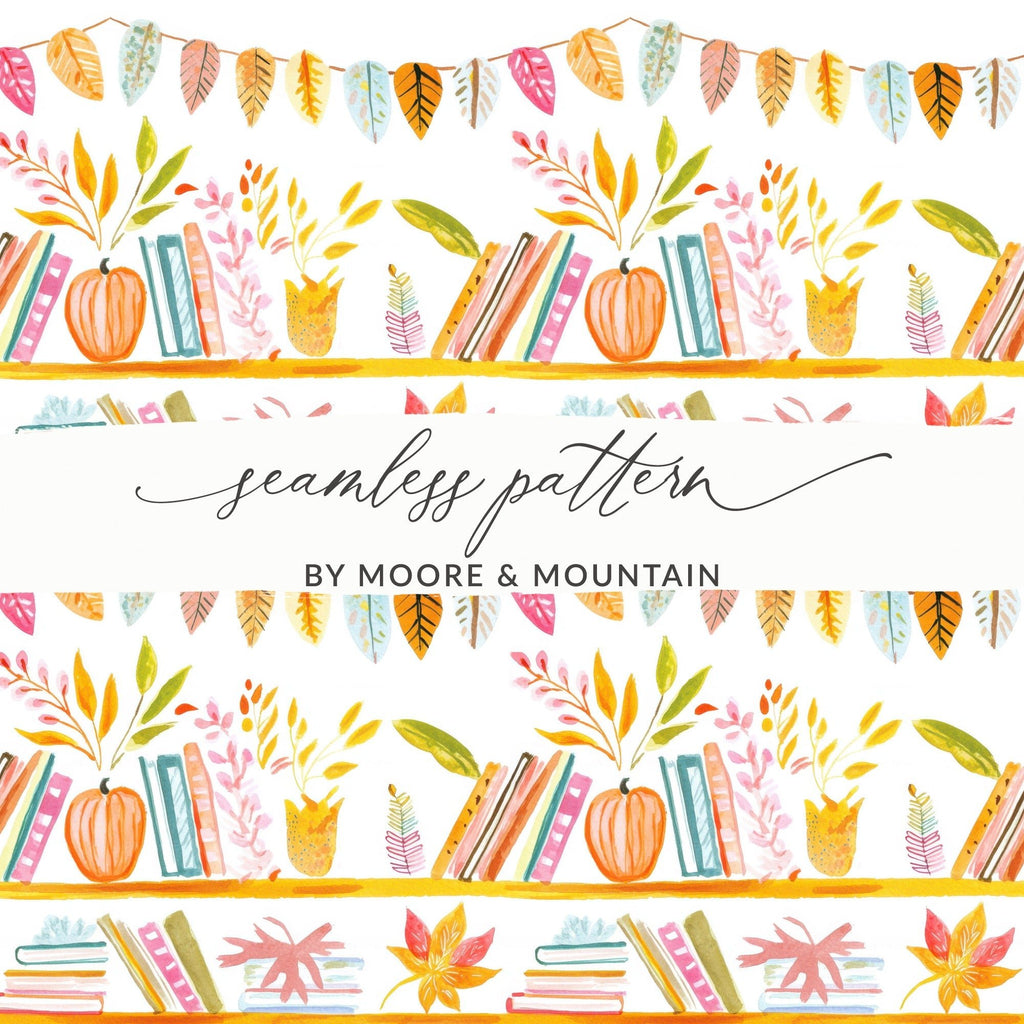 Bookshelf Seamless Pattern, Fall Digital Paper, Watercolor Books, Autumn Leaves, Reading Lover, Scrapbook Paper, Planner Printable - Moore and Mountain