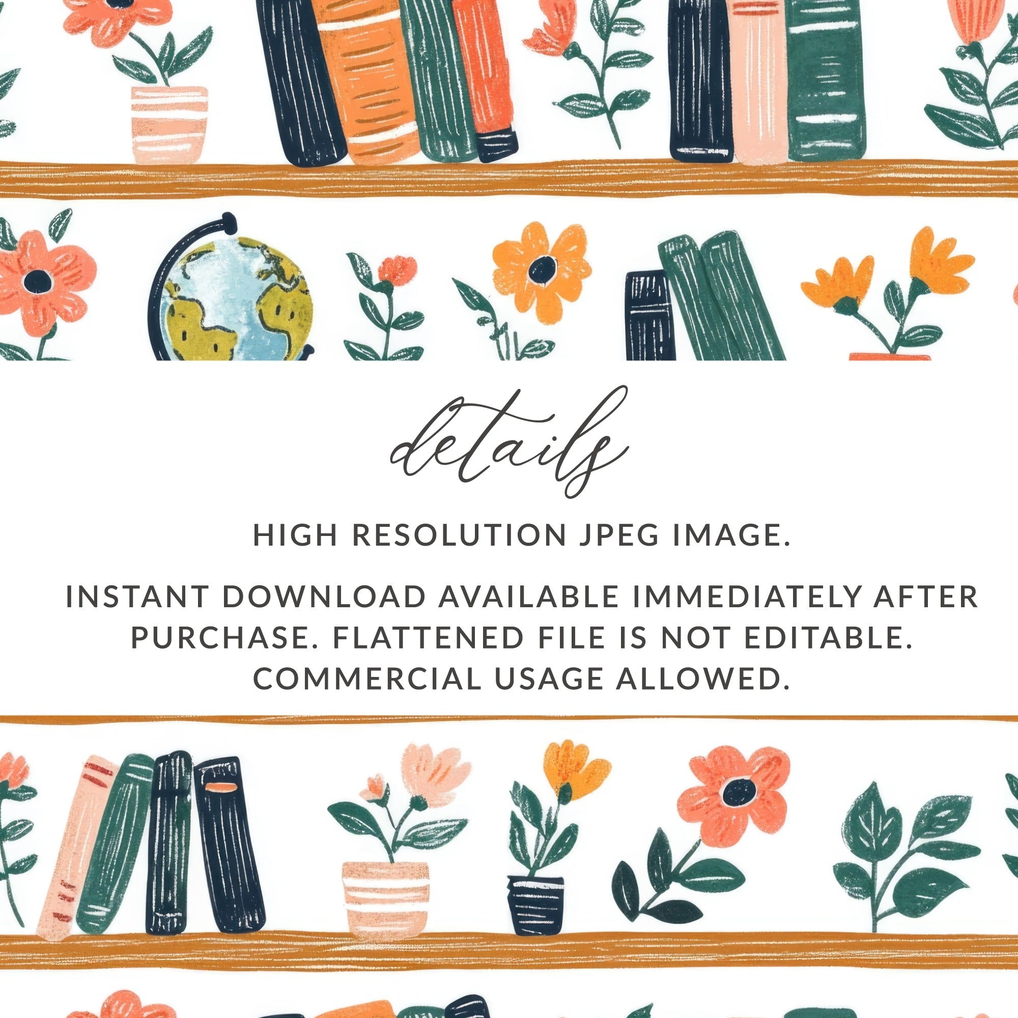 Bookshelf Seamless Pattern, Globe Floral Digital Paper, Reading Teacher Clipart, Cute Background, Scrapbook Paper, Repeat Pattern - Moore and Mountain