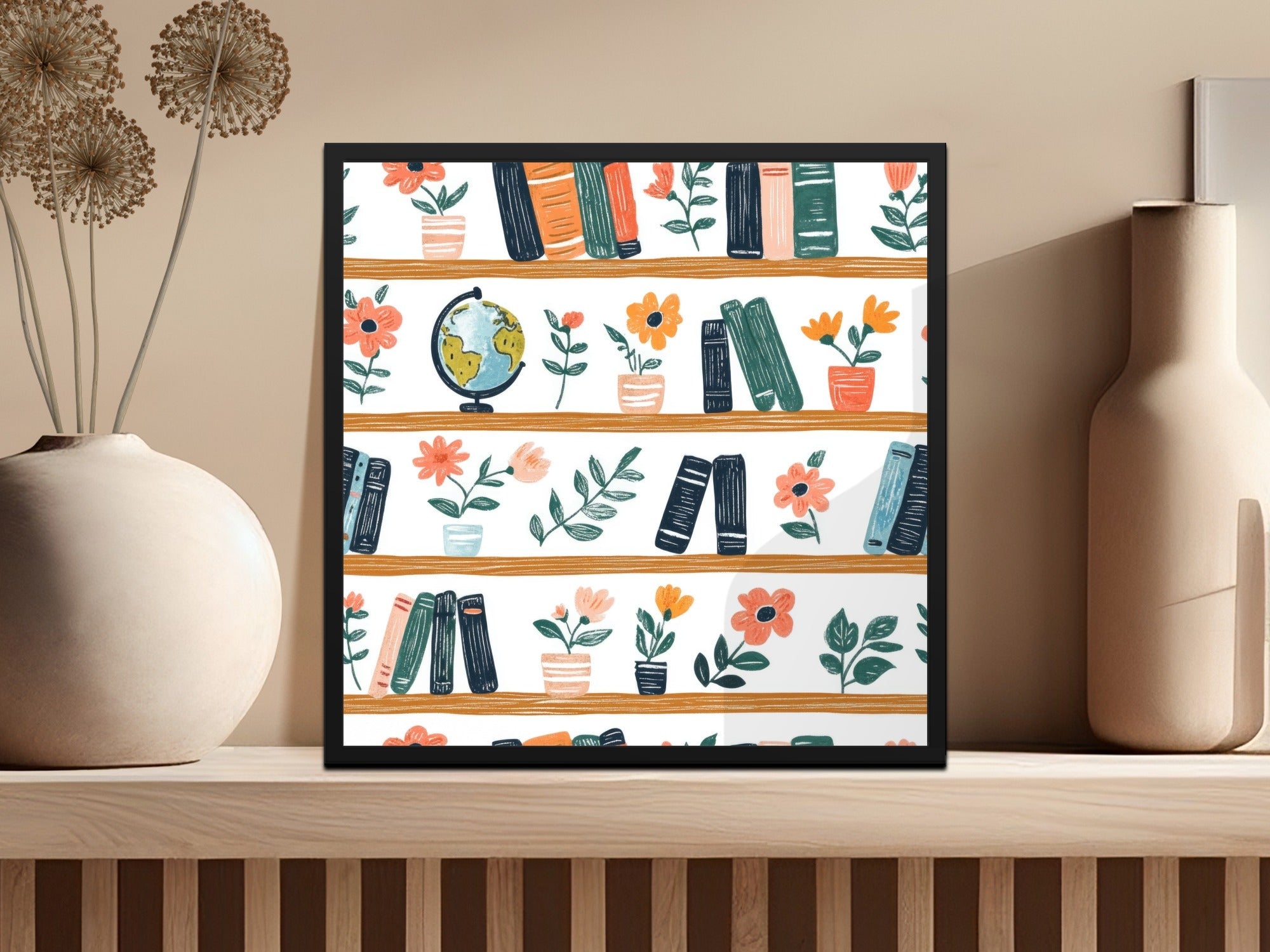 Bookshelf Seamless Pattern, Globe Floral Digital Paper, Reading Teacher Clipart, Cute Background, Scrapbook Paper, Repeat Pattern - Moore and Mountain