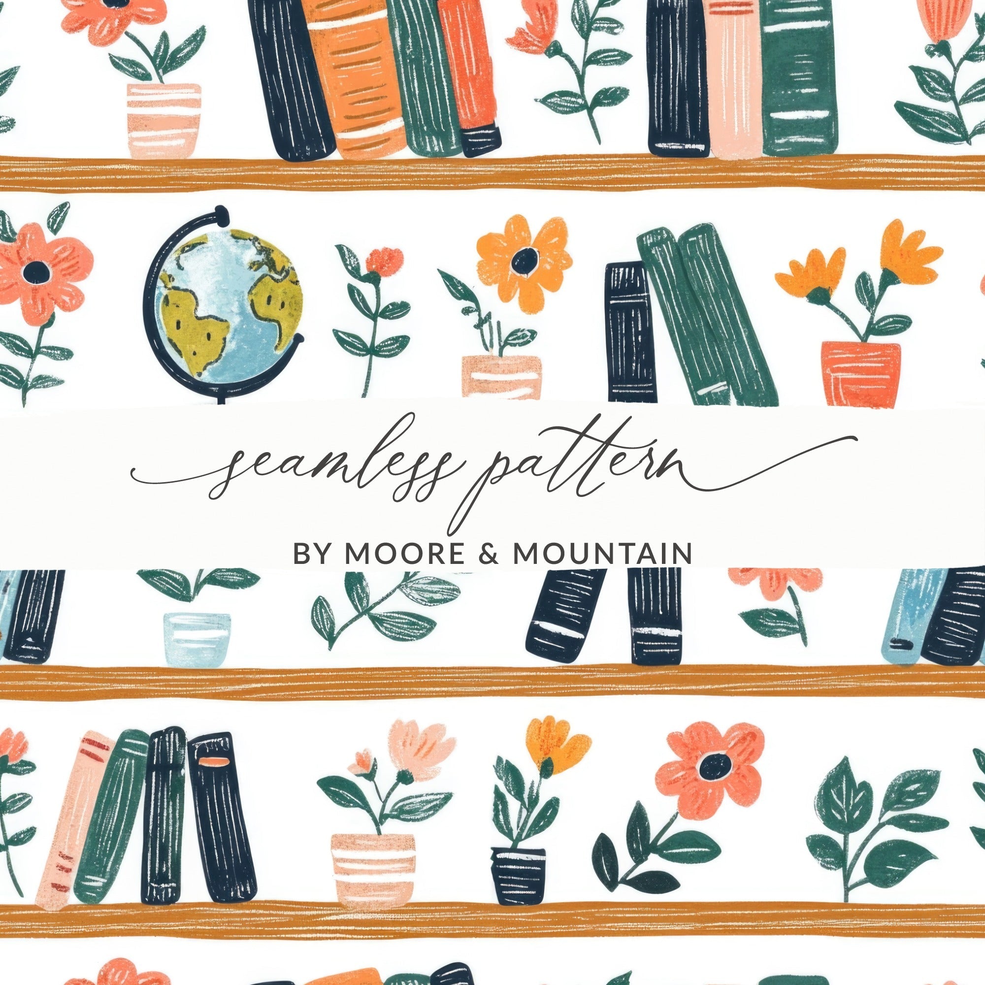 Bookshelf Seamless Pattern, Globe Floral Digital Paper, Reading Teacher Clipart, Cute Background, Scrapbook Paper, Repeat Pattern - Moore and Mountain
