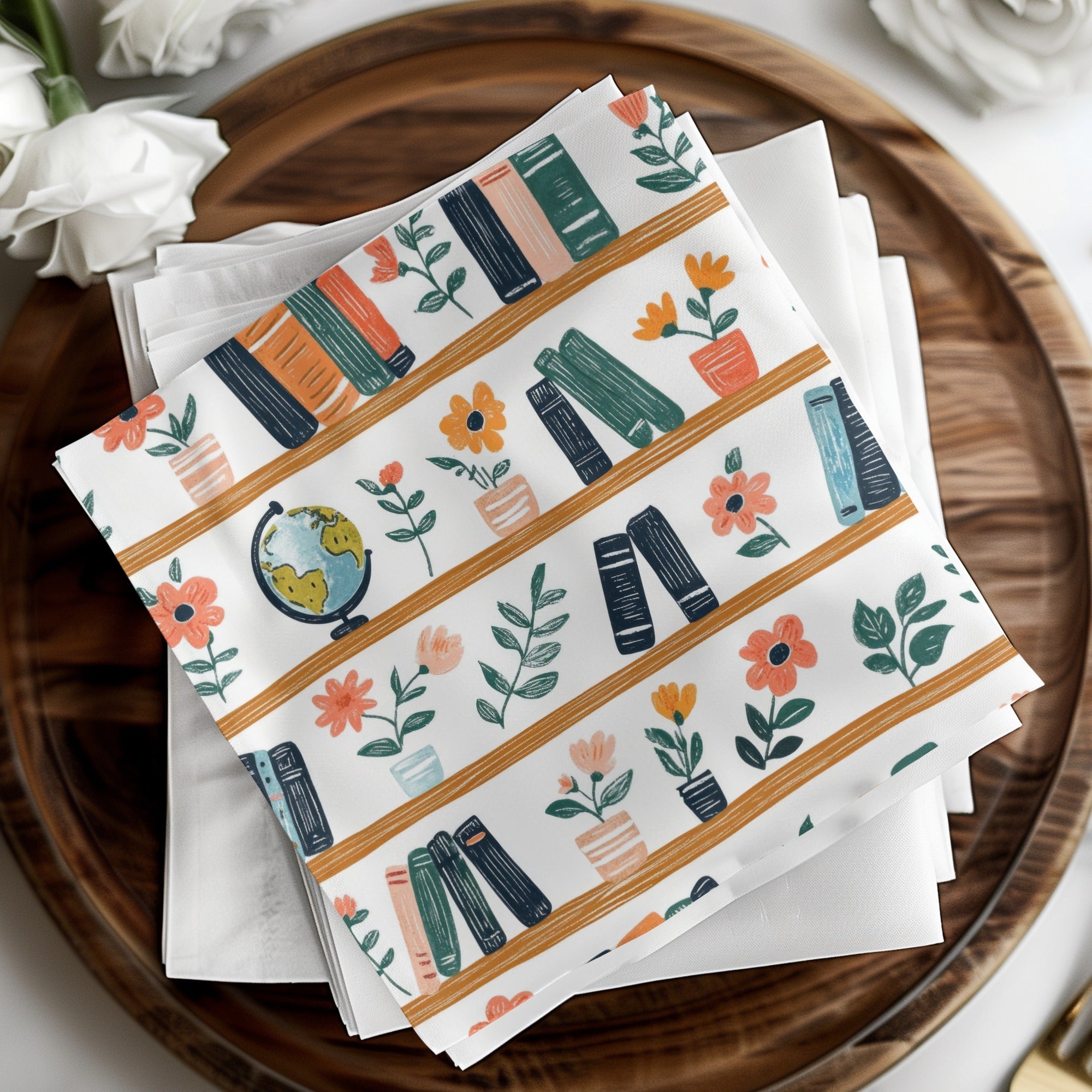 Bookshelf Seamless Pattern, Globe Floral Digital Paper, Reading Teacher Clipart, Cute Background, Scrapbook Paper, Repeat Pattern - Moore and Mountain