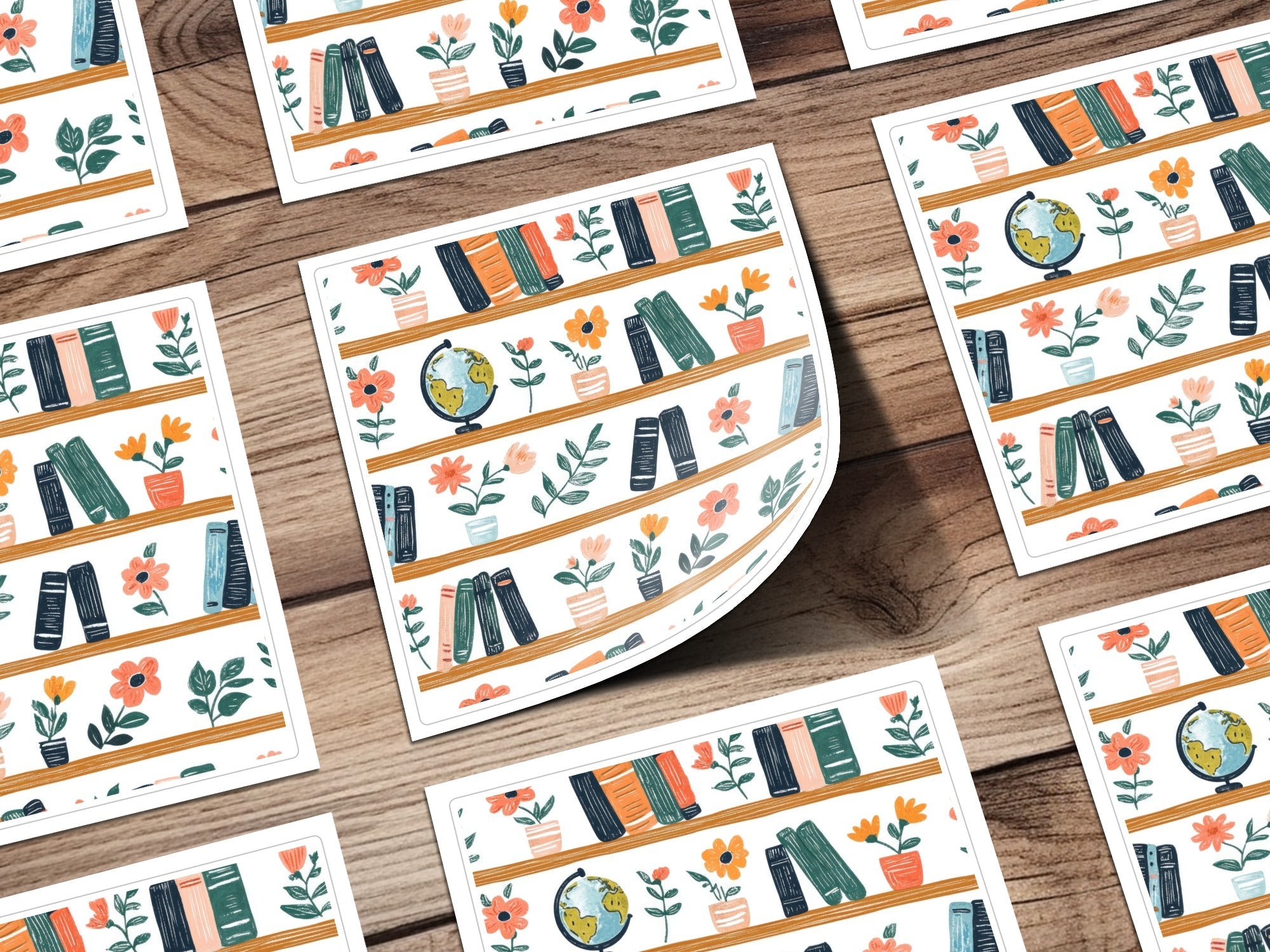 Bookshelf Seamless Pattern, Globe Floral Digital Paper, Reading Teacher Clipart, Cute Background, Scrapbook Paper, Repeat Pattern - Moore and Mountain