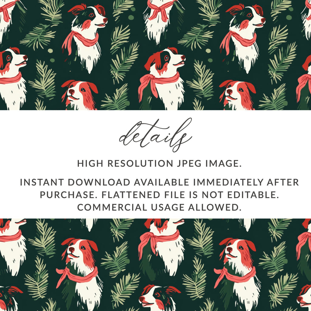 Border Collie Christmas Digital Paper, Dog Seamless Pattern, Holiday Digital Download, Pet Lover Gift, Winter Greenery Pattern - Moore and Mountain