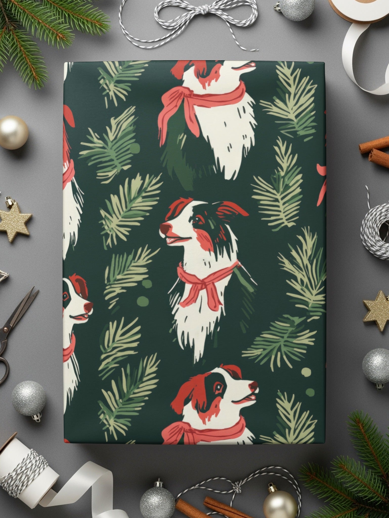 Border Collie Christmas Digital Paper, Dog Seamless Pattern, Holiday Digital Download, Pet Lover Gift, Winter Greenery Pattern - Moore and Mountain