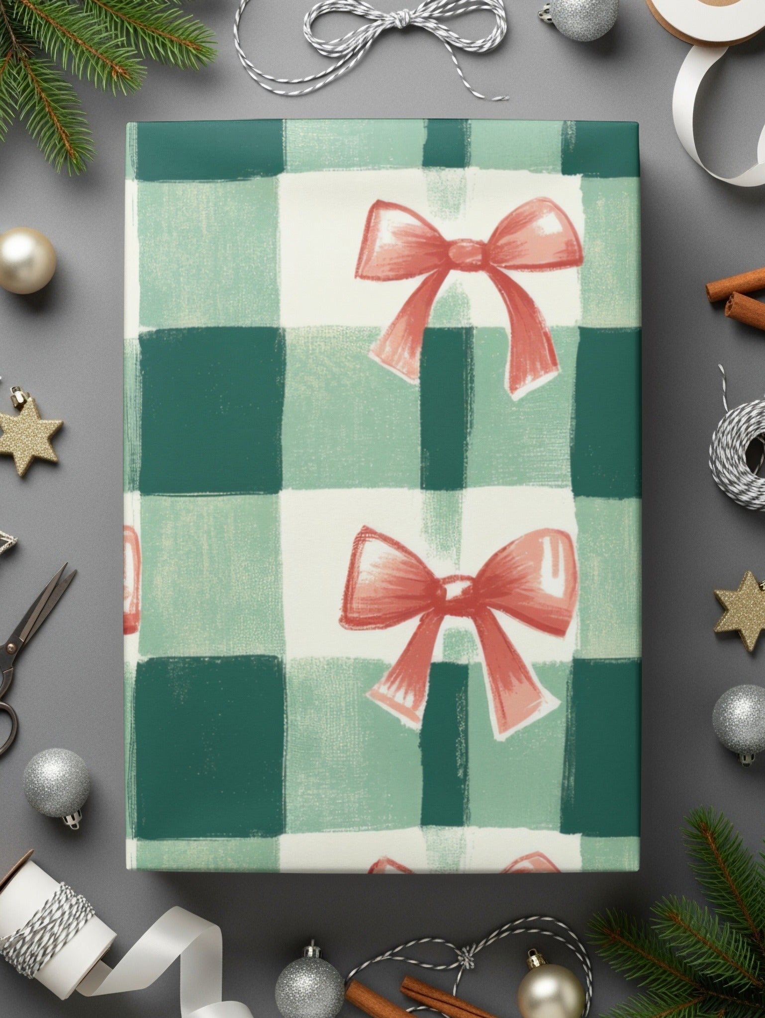 Bows and Gingham Digital Paper, Seamless Pattern, Christmas Digital Paper, Commercial Use, Holiday Scrapbook Paper, Pastel Pink Bow Digital - Moore and Mountain