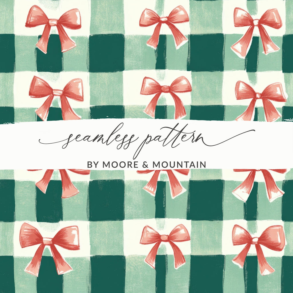Bows and Gingham Digital Paper, Seamless Pattern, Christmas Digital Paper, Commercial Use, Holiday Scrapbook Paper, Pastel Pink Bow Digital - Moore and Mountain