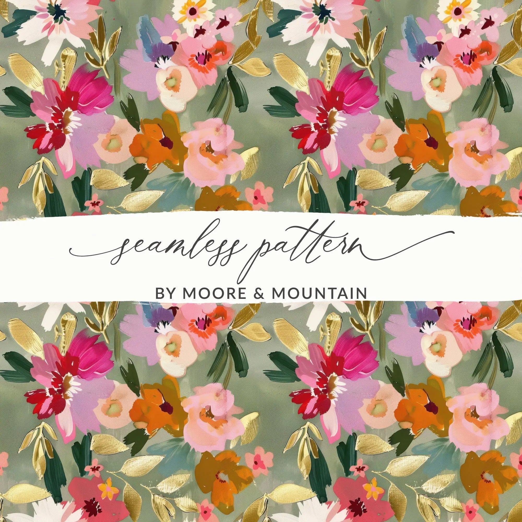 Bright Sage Green and Pink Floral Digital Seamless Pattern, Flower Garden Illustration, Repeating Design for Fabric, - Moore and Mountain