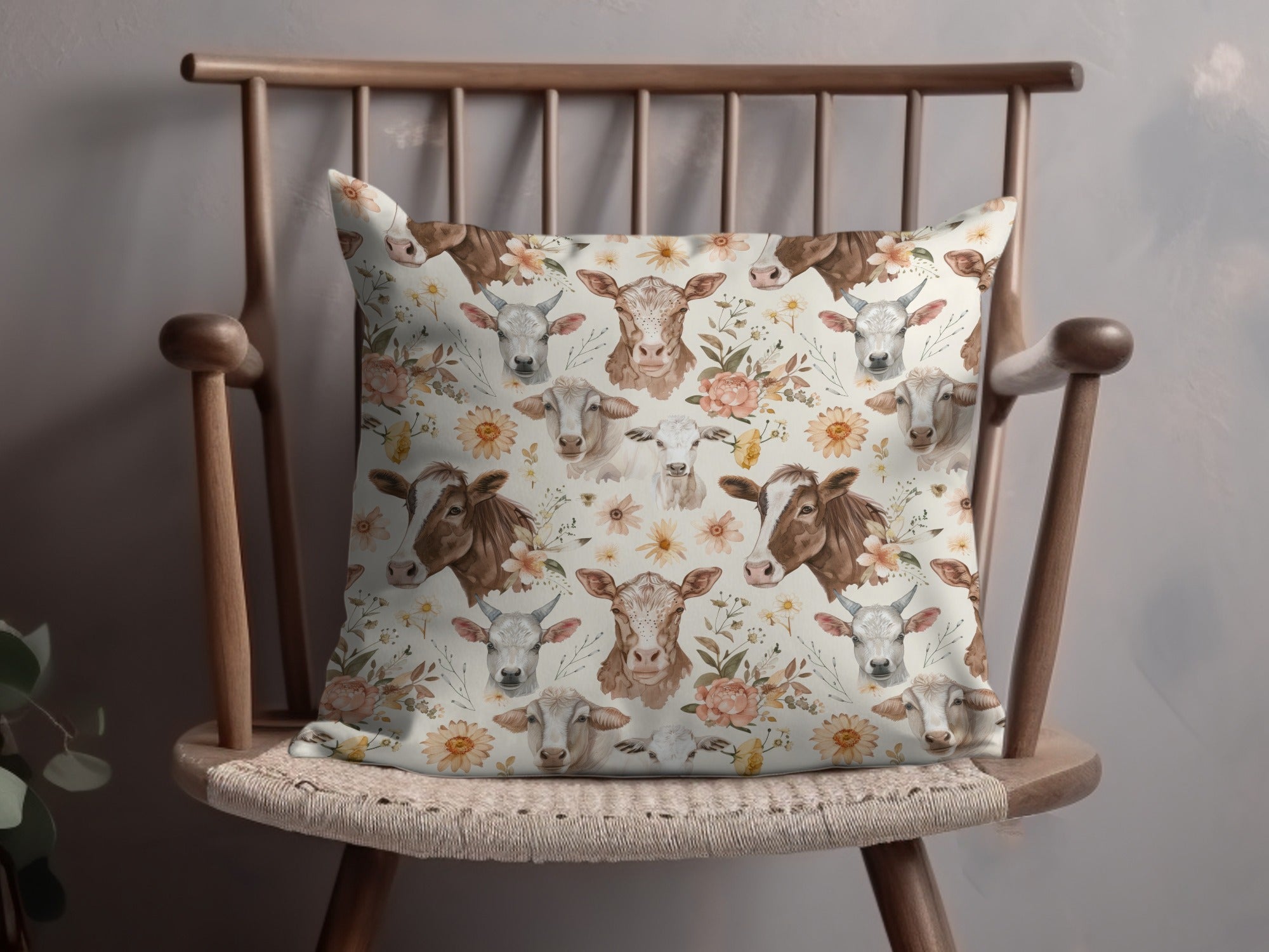 Brown and White Cows Digital Paper, Watercolor Floral Pattern, Farm Animals, Spring Fabric Design, Seamless Background, Scrapbooking - Moore and Mountain