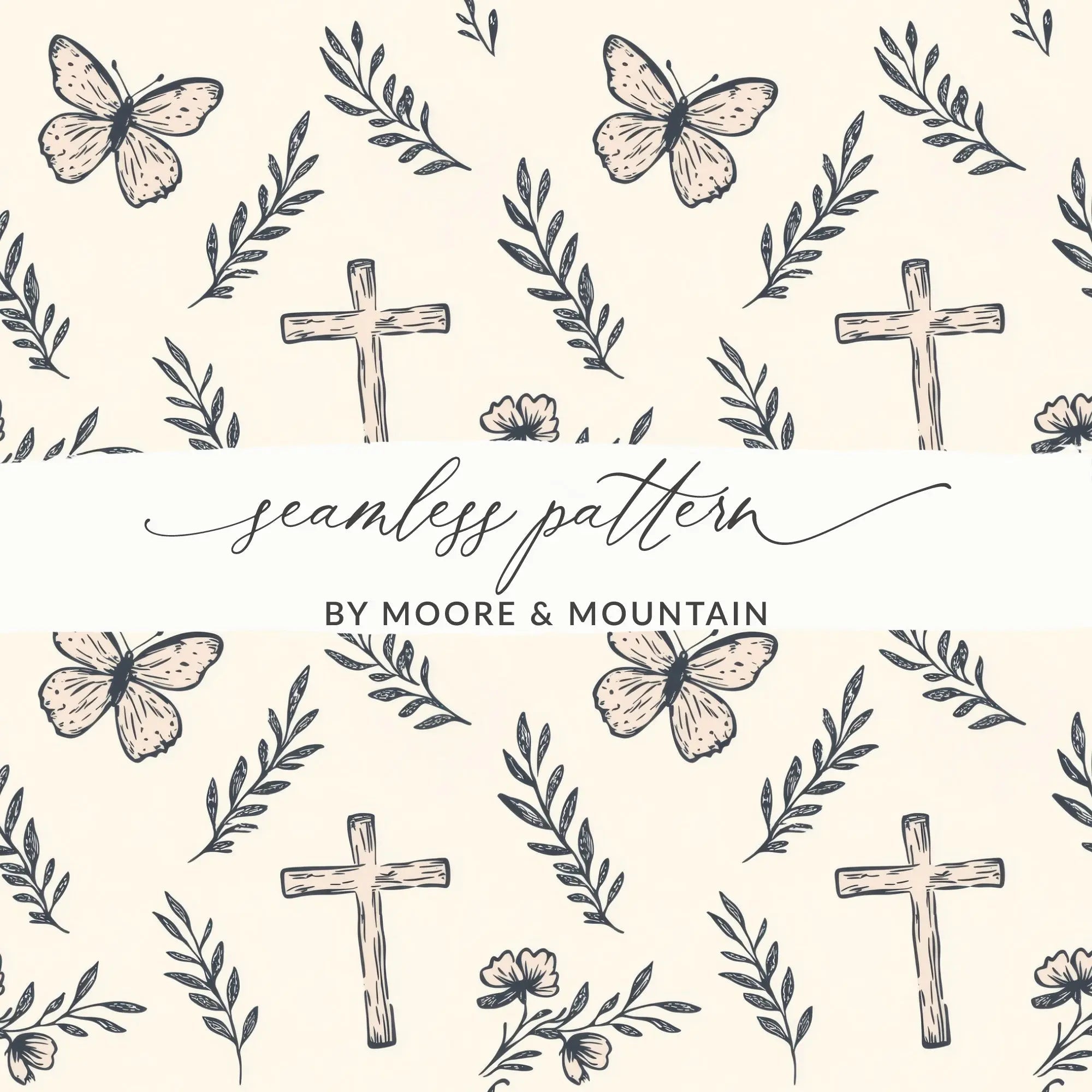 Butterfly Cross Seamless Pattern, Floral Digital Paper, Faith Inspired Designs, JPEG Files for Fabric Design, Scrapbooking - Moore and Mountain