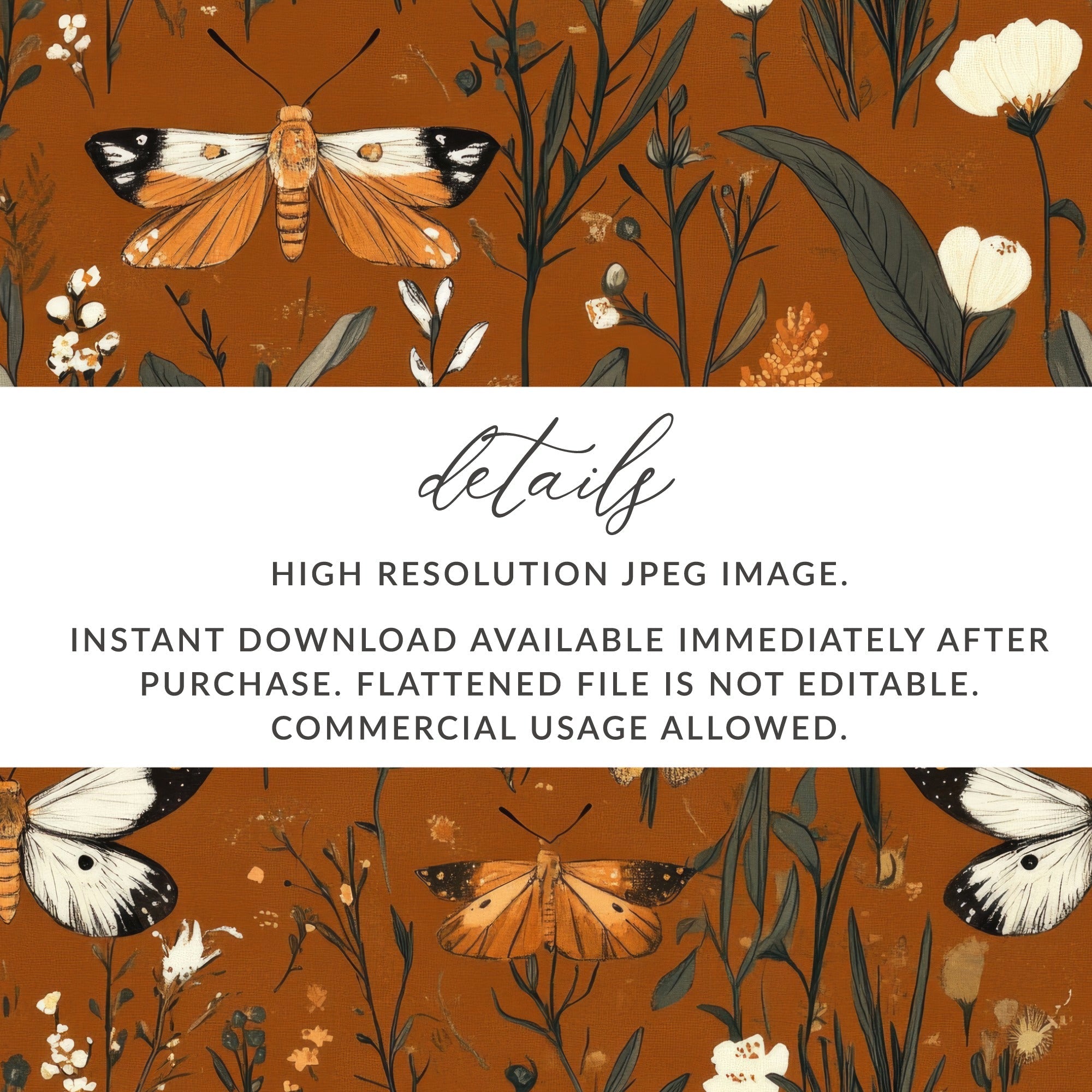 Butterfly Digital Paper, Floral Seamless Pattern, Nature Fabric Design, Botanical Scrapbook Paper, Rust Background, JPEG Digital Files - Moore and Mountain
