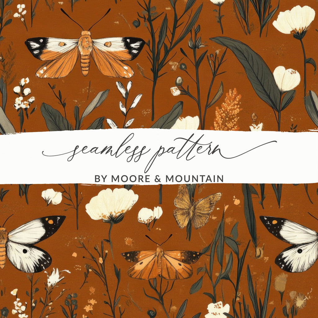 Butterfly Digital Paper, Floral Seamless Pattern, Nature Fabric Design, Botanical Scrapbook Paper, Rust Background, JPEG Digital Files - Moore and Mountain