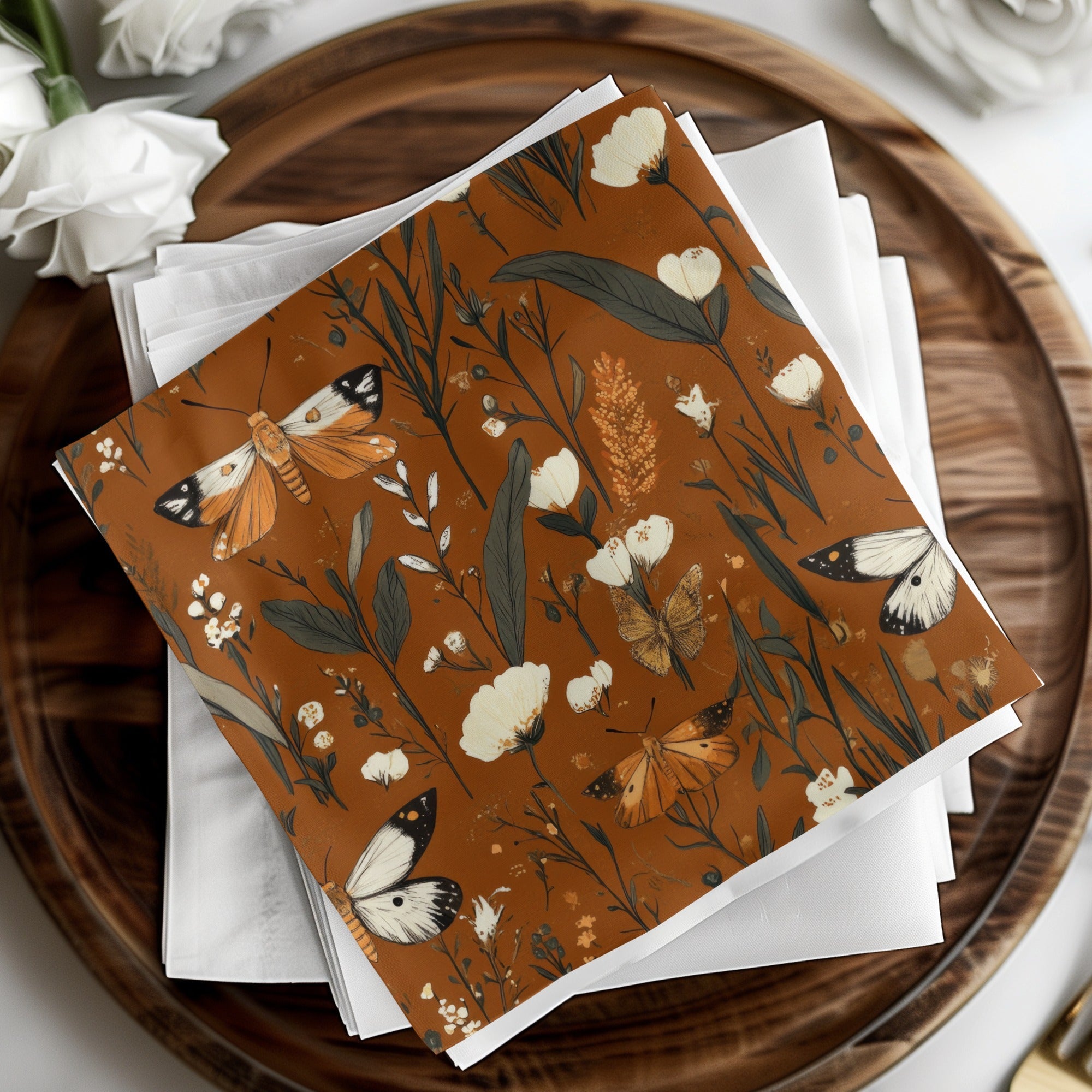 Butterfly Digital Paper, Floral Seamless Pattern, Nature Fabric Design, Botanical Scrapbook Paper, Rust Background, JPEG Digital Files - Moore and Mountain