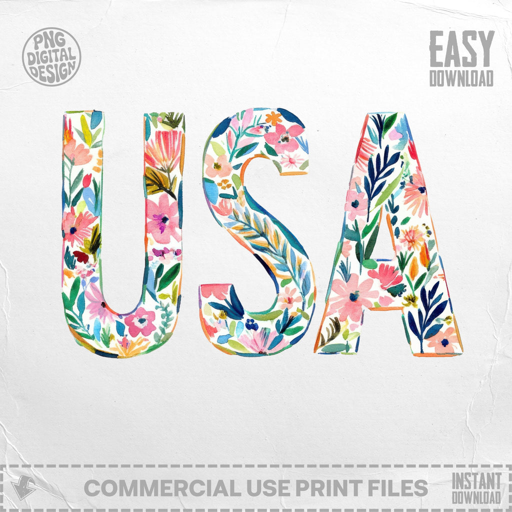 USA spelled with floral watercolor letters on a white background.