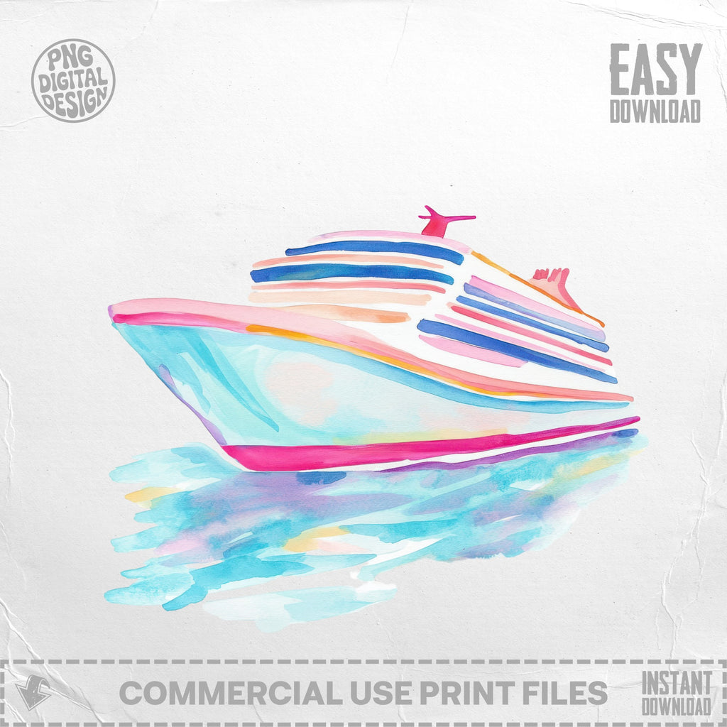 Watercolor cruise ship with colorful stripes on reflective water.
