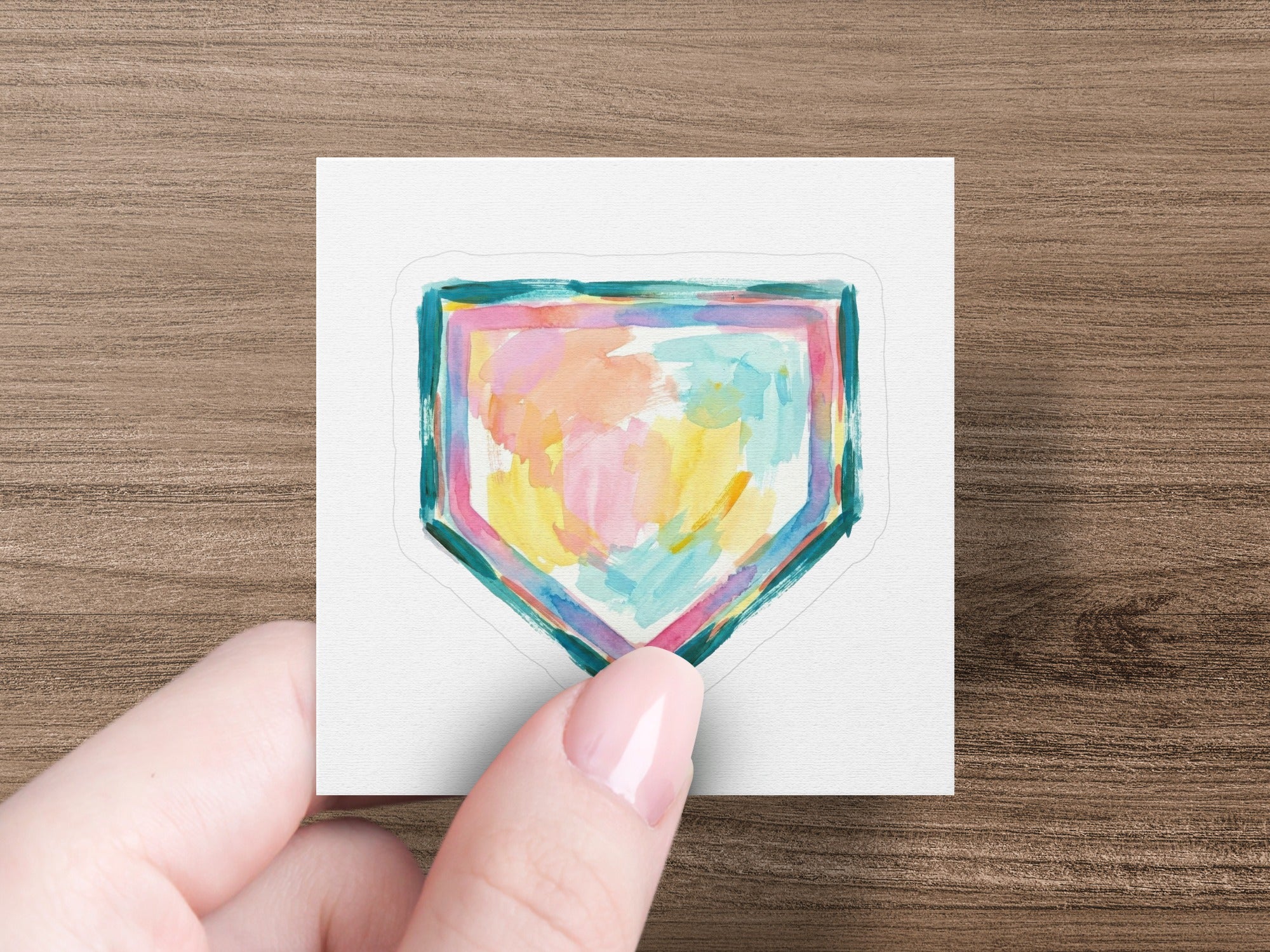 Watercolor home plate sticker with colorful abstract paint strokes.