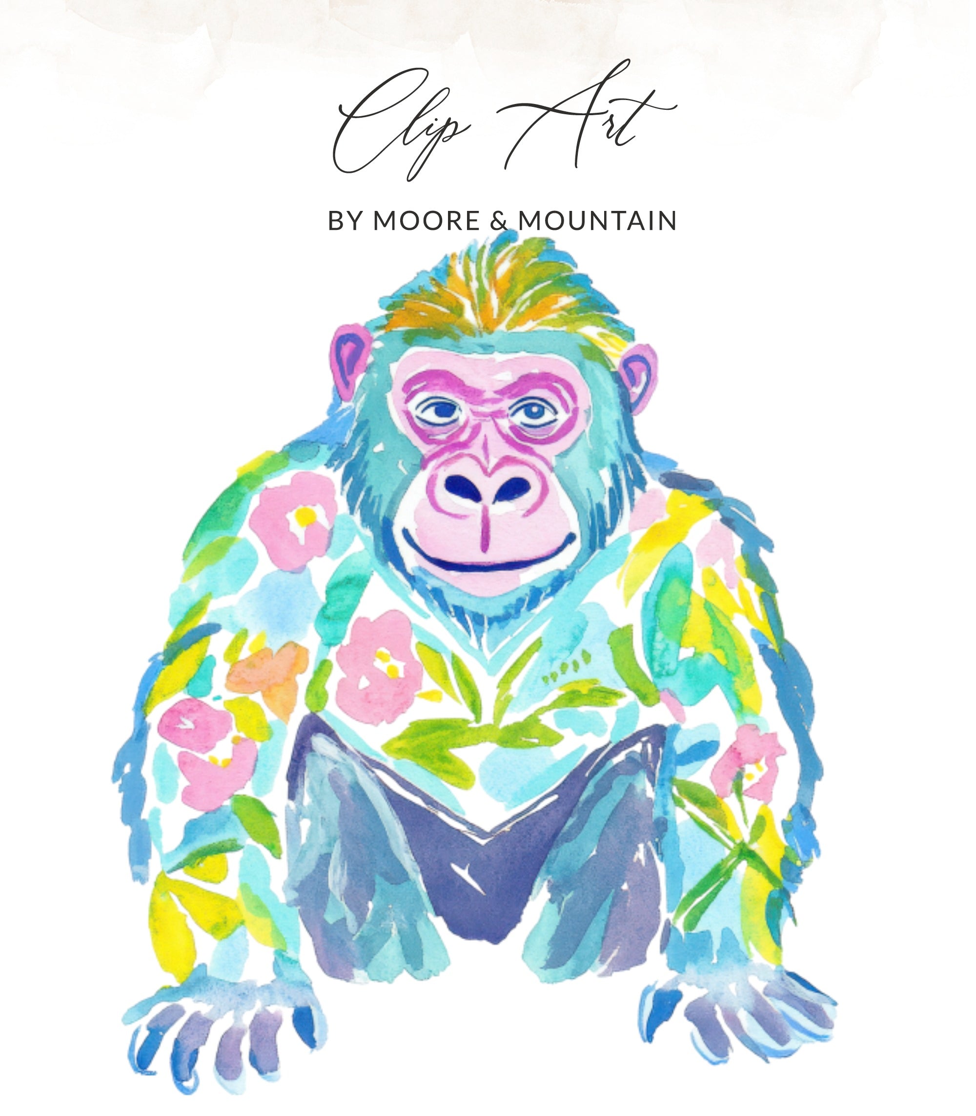 Watercolor ape illustration with floral pattern, "Clip Art BY MOORE & MOUNTAIN".