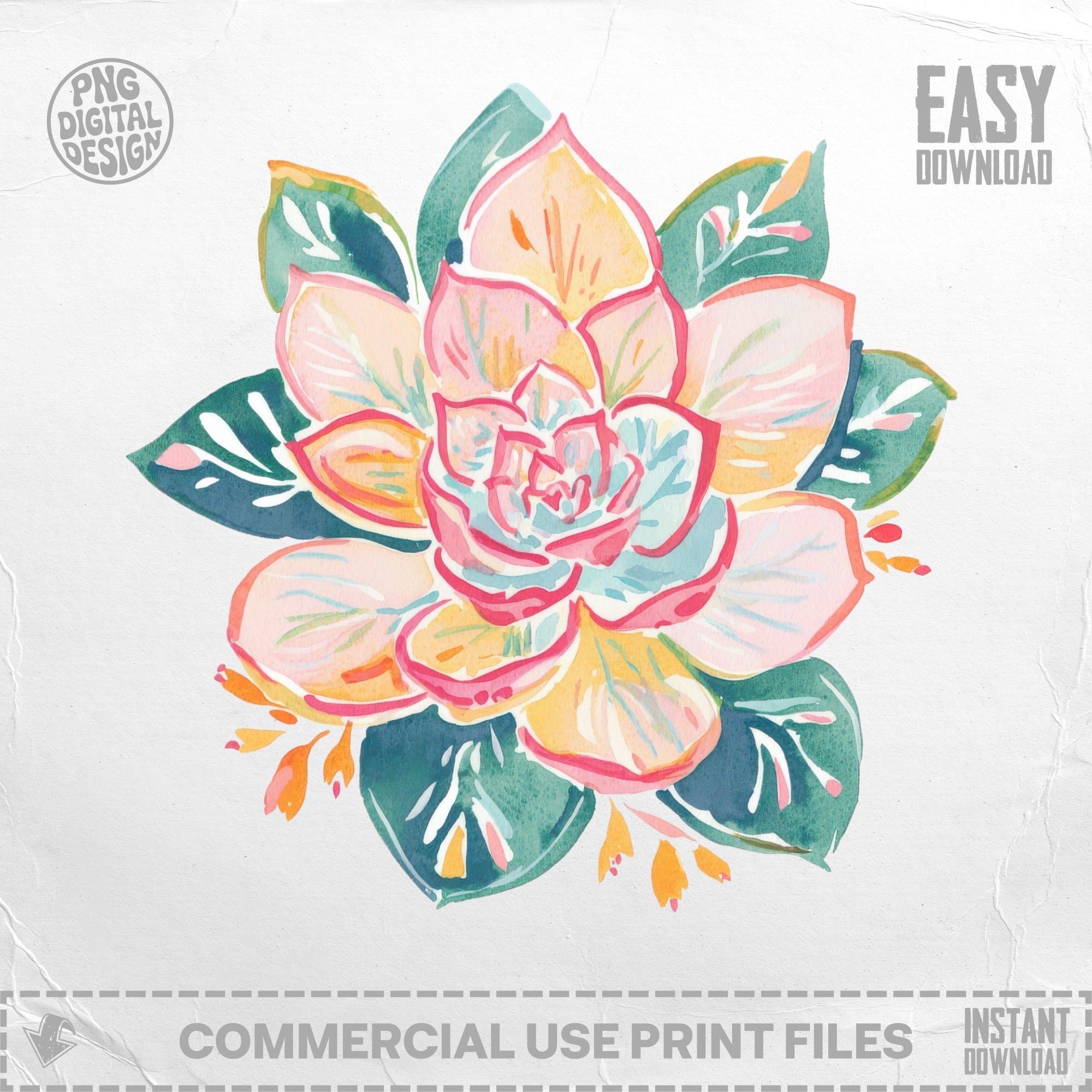 Watercolor succulent with "PNG Digital Design" and "Easy Download" text.