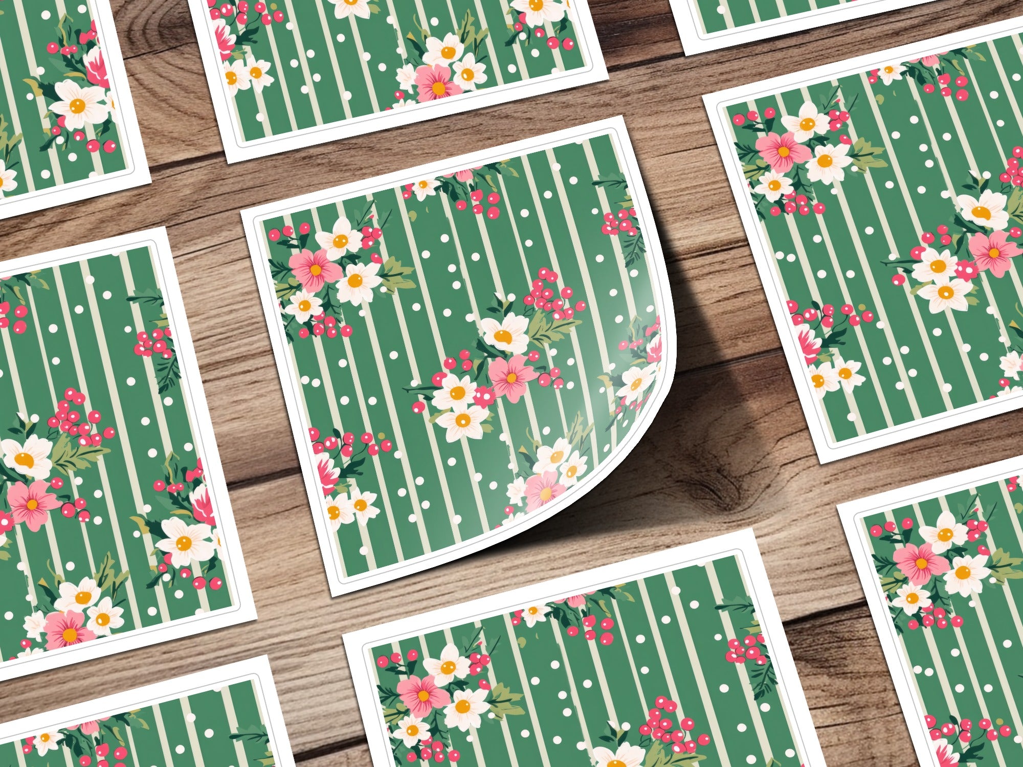 Green Floral Striped Pattern with White Polka Dots product