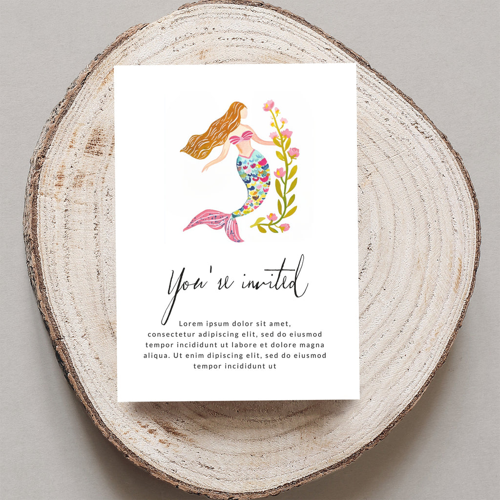 Invitation card with watercolor mermaid and floral design.