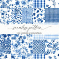 Blue Botanical and Checkered Seamless Pattern Collection