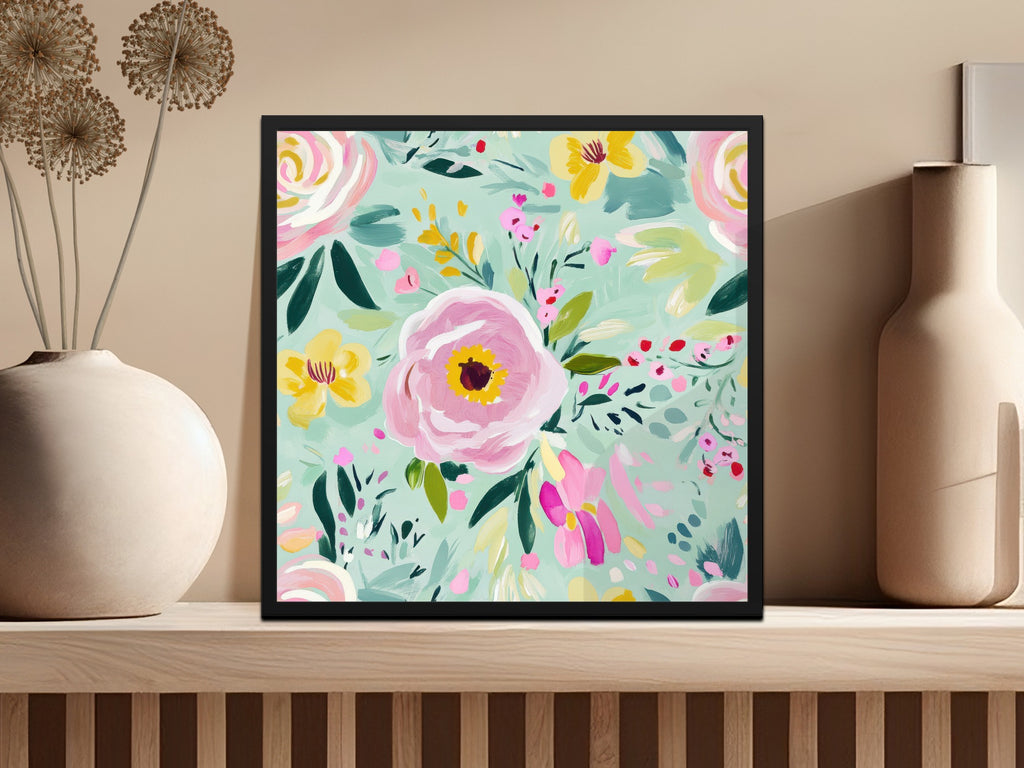 Abstract Floral Seamless Pattern Digital, Spring Ditsy Green Pink Yellow Flowers, Modern Gouache Painted Fine Art Floral Print, Digital