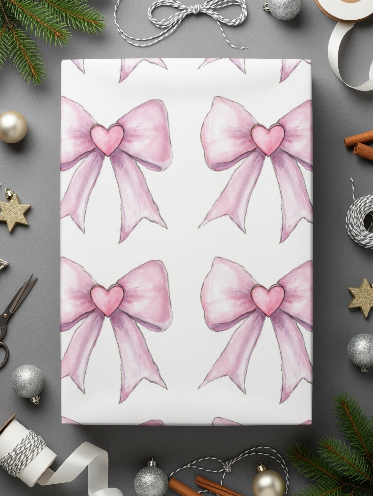 Pink Heart Bow Design Wrapping Paper for Gifts