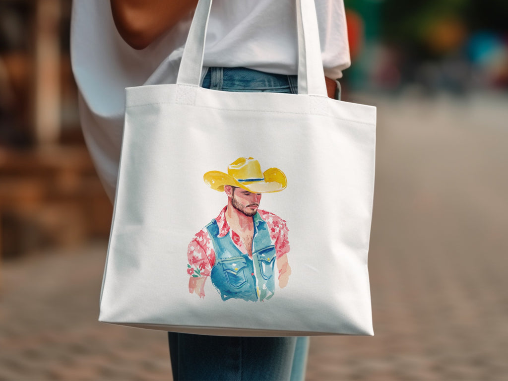 White tote bag with watercolor illustration of a man in a cowboy hat.