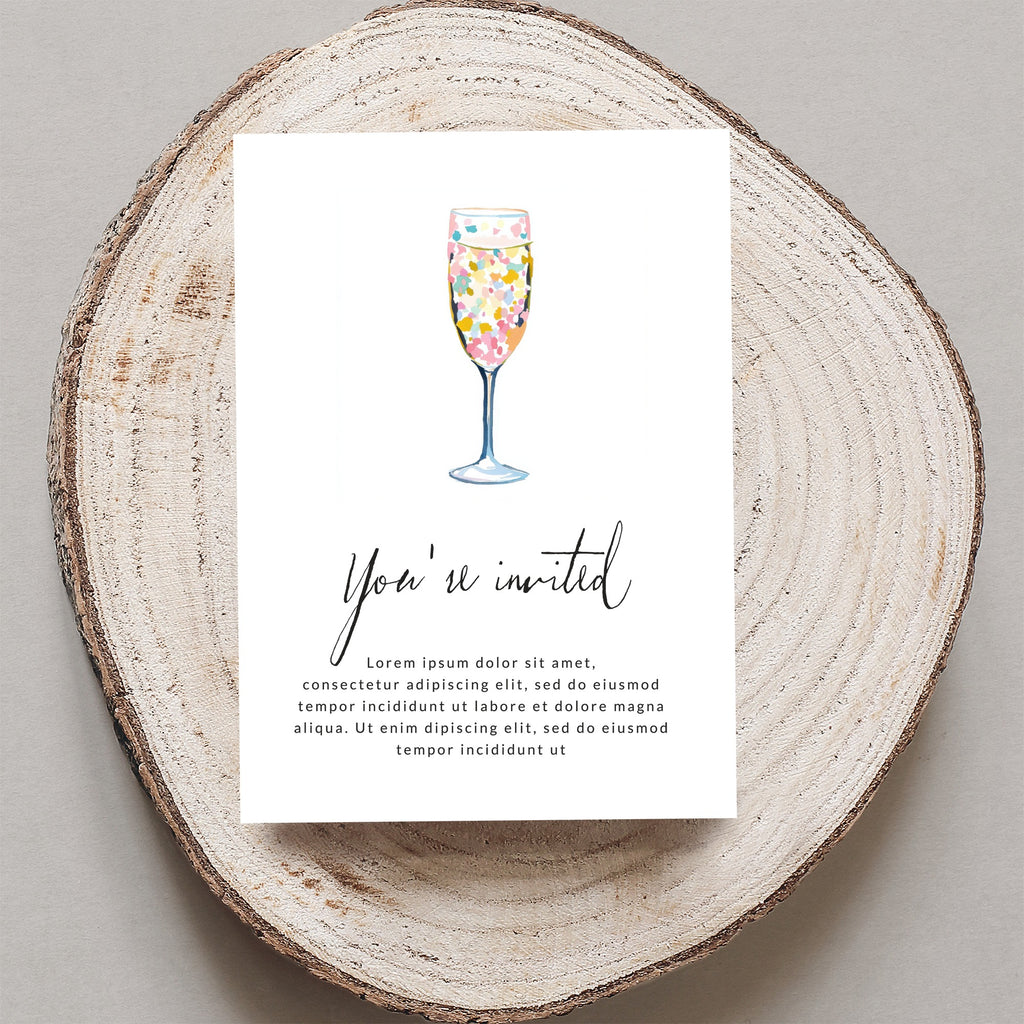 Invitation with "You're invited" text and champagne flute with colorful confetti.