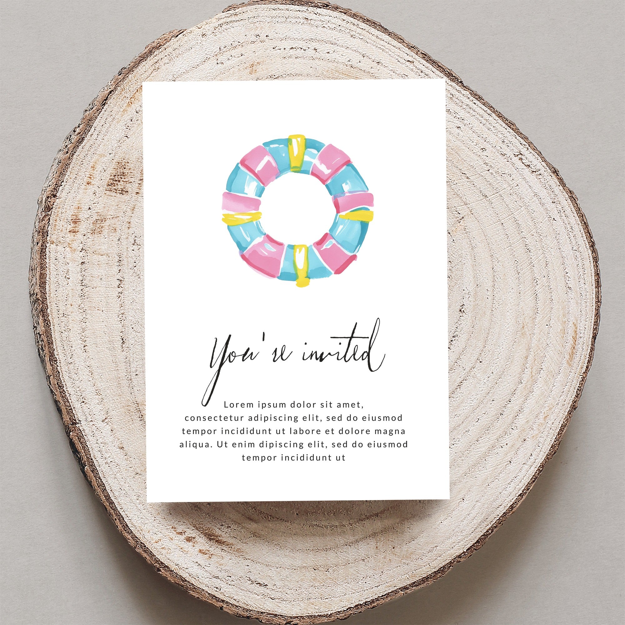 Invitation with "You're invited" text and a colorful life preserver illustration.