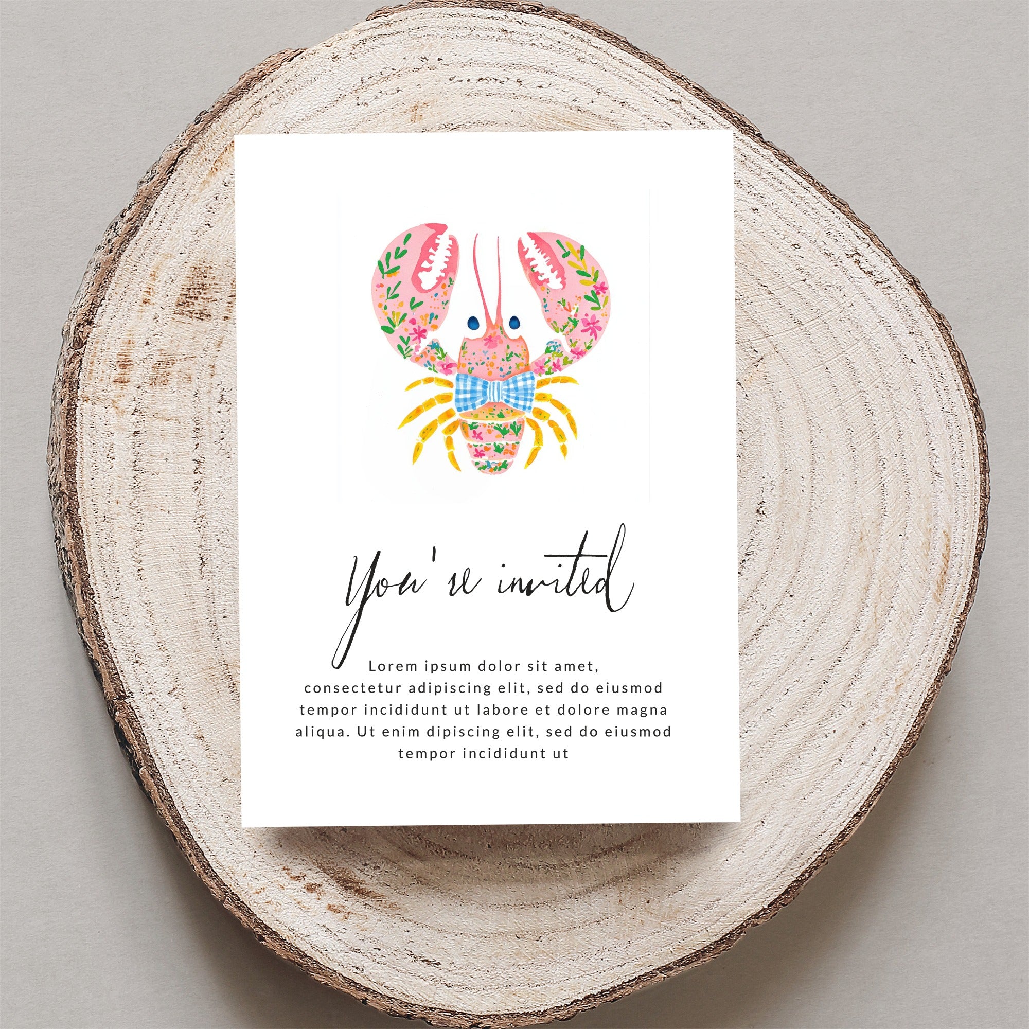 Card with a floral lobster and "You're invited" text.