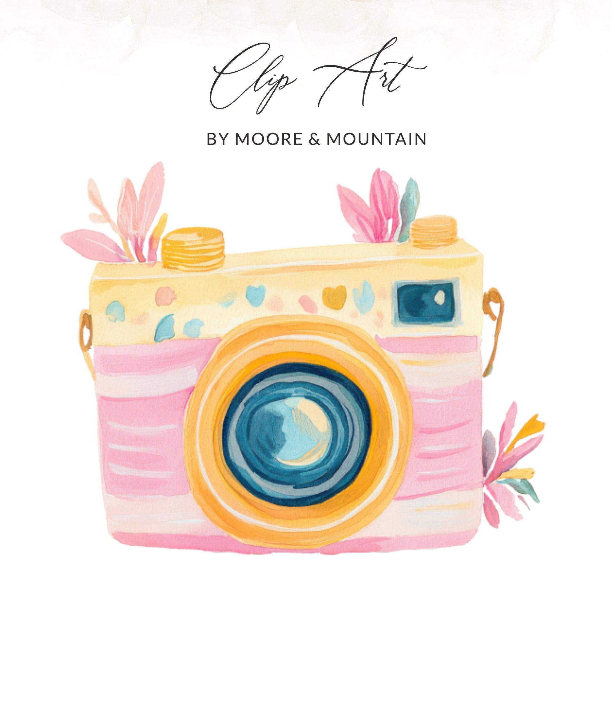 Pink and yellow watercolor camera with floral accents, "Clip Art" text.