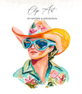 Watercolor illustration of a person wearing a cowboy hat and sunglasses.