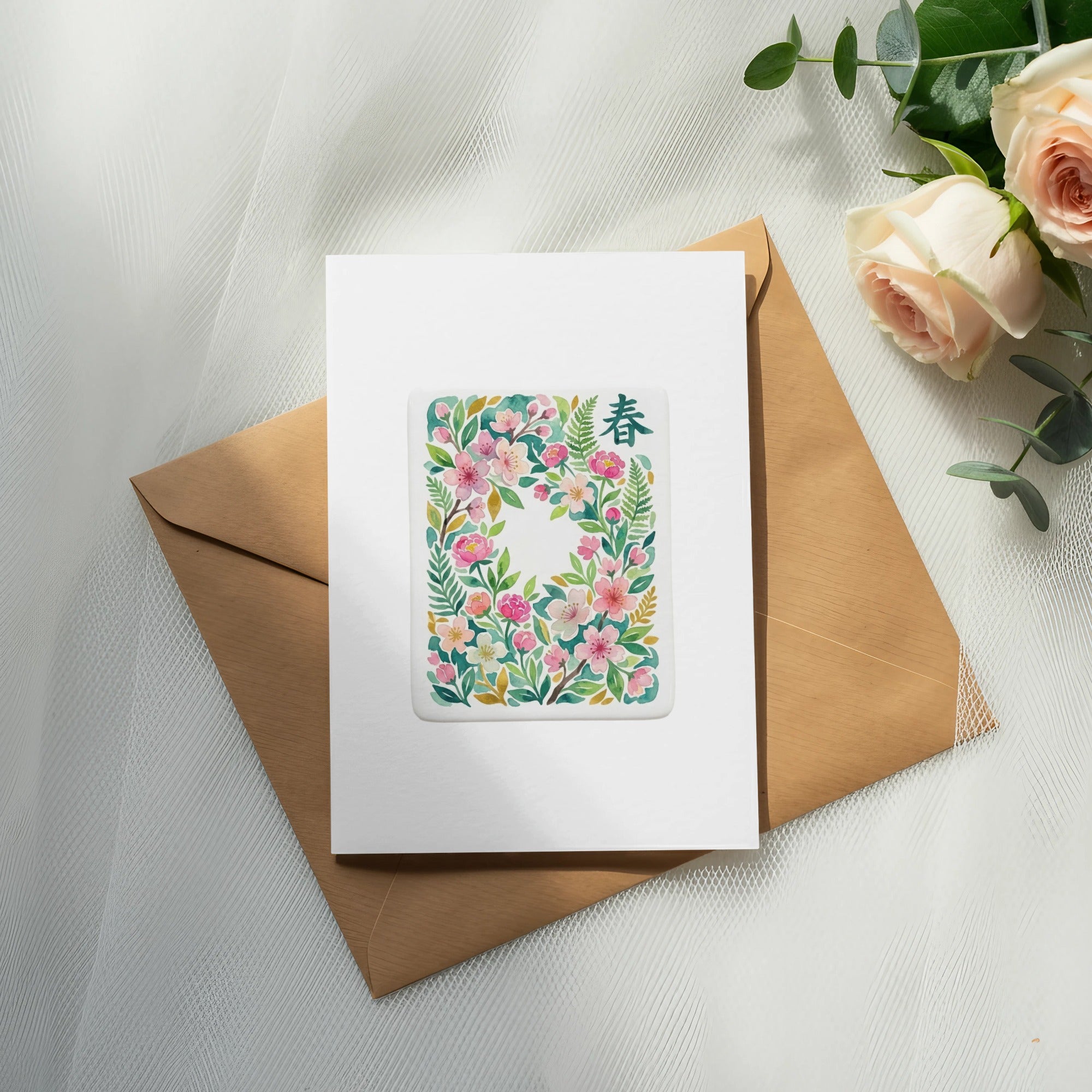 Greeting card with floral design and "Spring" in Japanese characters.