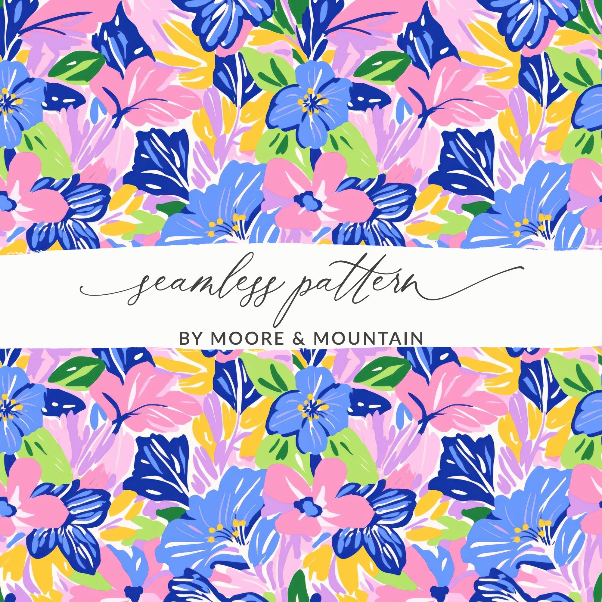 Seamless floral pattern with blue, pink, and purple flowers and green leaves.