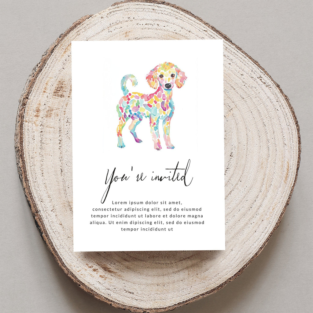 Watercolor poodle invitation with "You're invited" and placeholder text.
