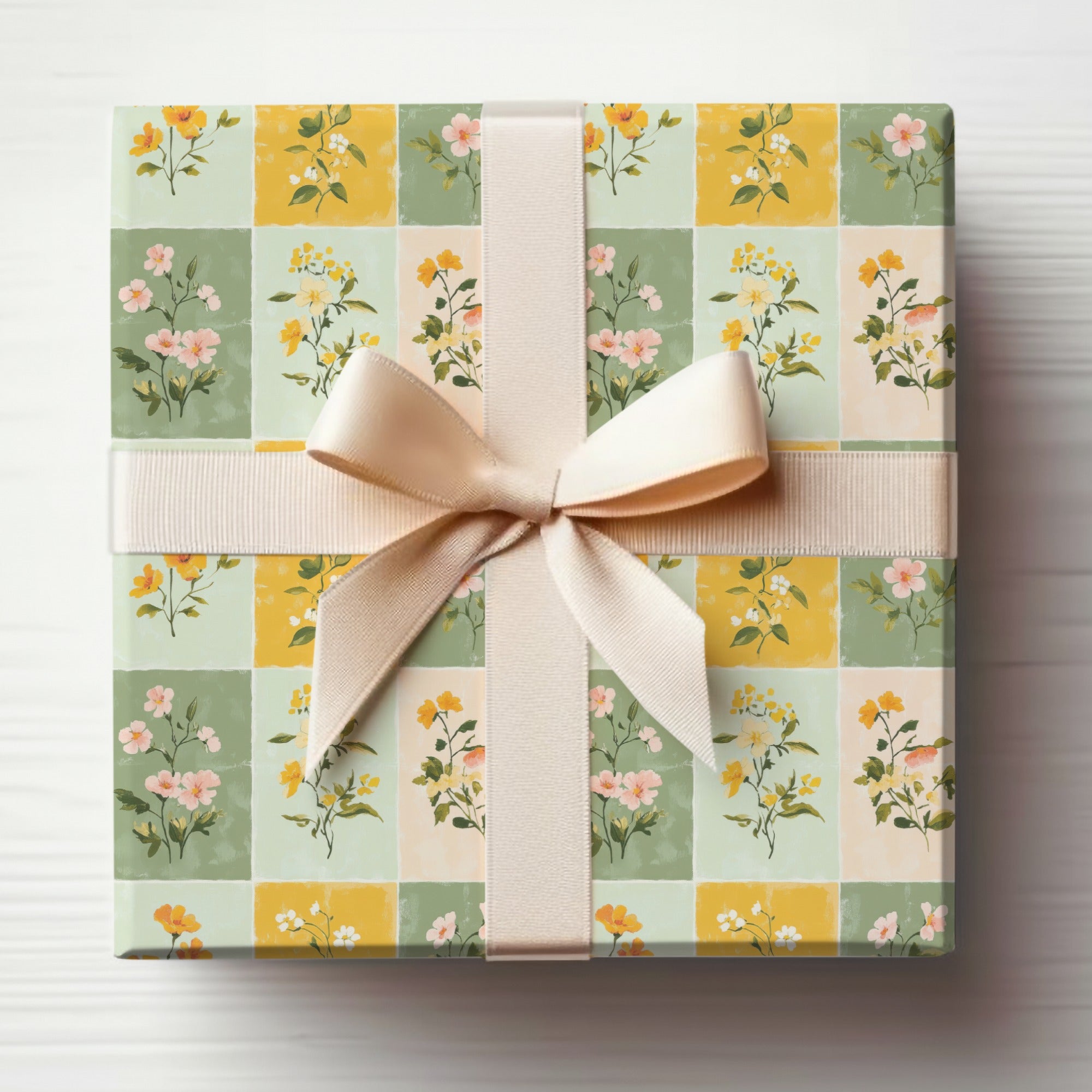 Vintage Floral Checkered Gift Box with Ribbon