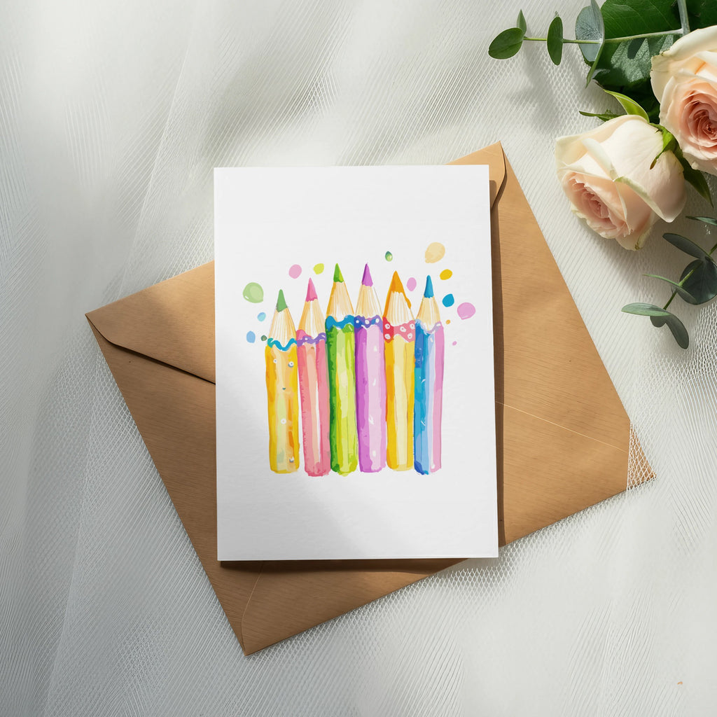 Watercolor pencils in rainbow colors with colorful dots above on white card.