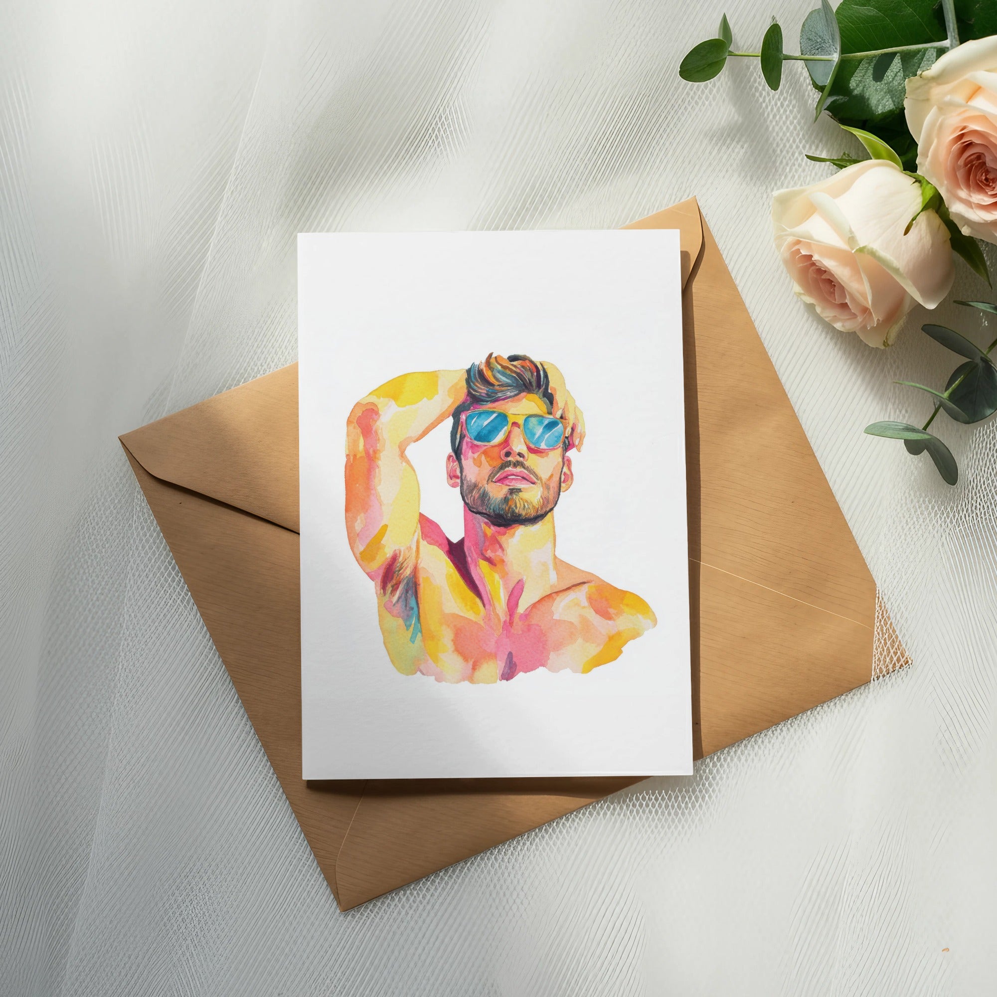 Watercolor illustration of a man with sunglasses on a card.