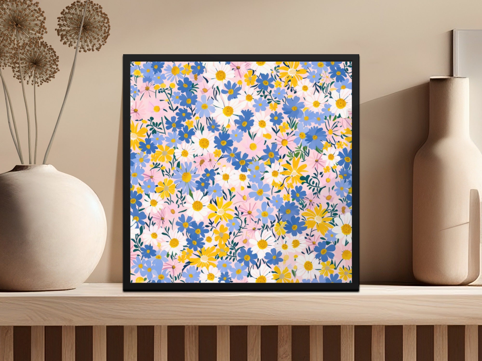 Floral Pattern Art Print with Blue Yellow Pink Flowers