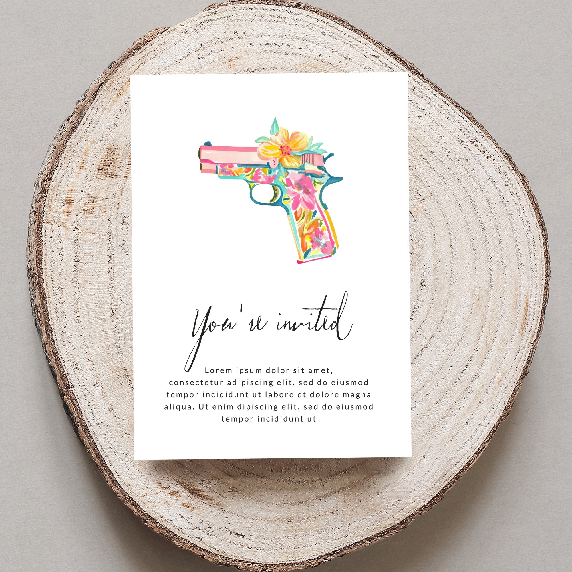 Floral pistol invitation with "You're invited" text and placeholder copy.