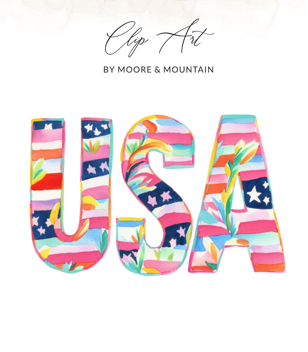"USA" in colorful watercolor letters with flag and floral patterns.