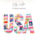 "USA" in colorful watercolor letters with flag and floral patterns.